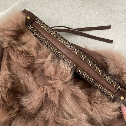 grace continental fluffy fox fur brown leather bronze grommet strap slouchy shoulder bag