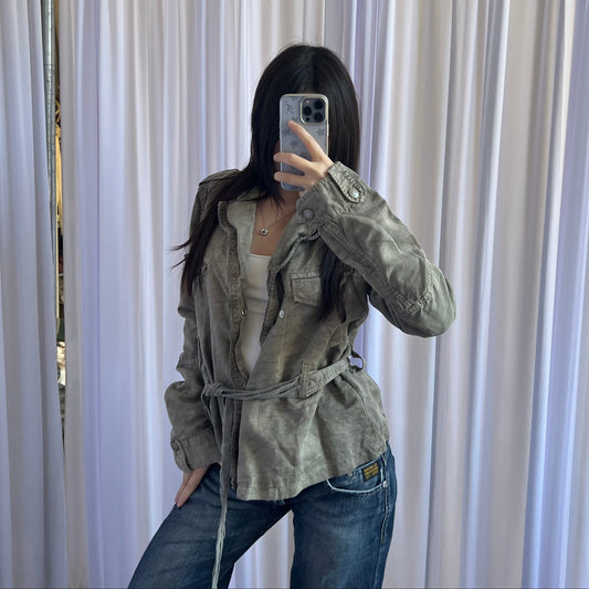 Diesel Khaki Beige Picot Lace Trim  Wrap Style Flared Utility Jacket