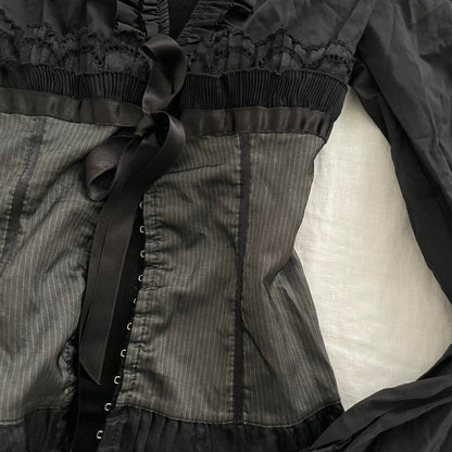 balletcore blue star black blouse pinstripe ruffle lace and ribbon corset hook and eye top