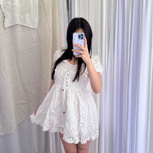 Liz Lisa Coquette Cottage White Puff Sleeve Broderie Anglaise Cinched Waist Babydoll Ruffle Blouson