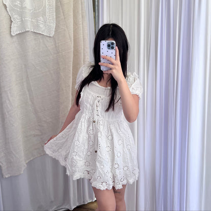 Liz Lisa Coquette Cottage White Puff Sleeve Broderie Anglaise Cinched Waist Babydoll Ruffle Blouson