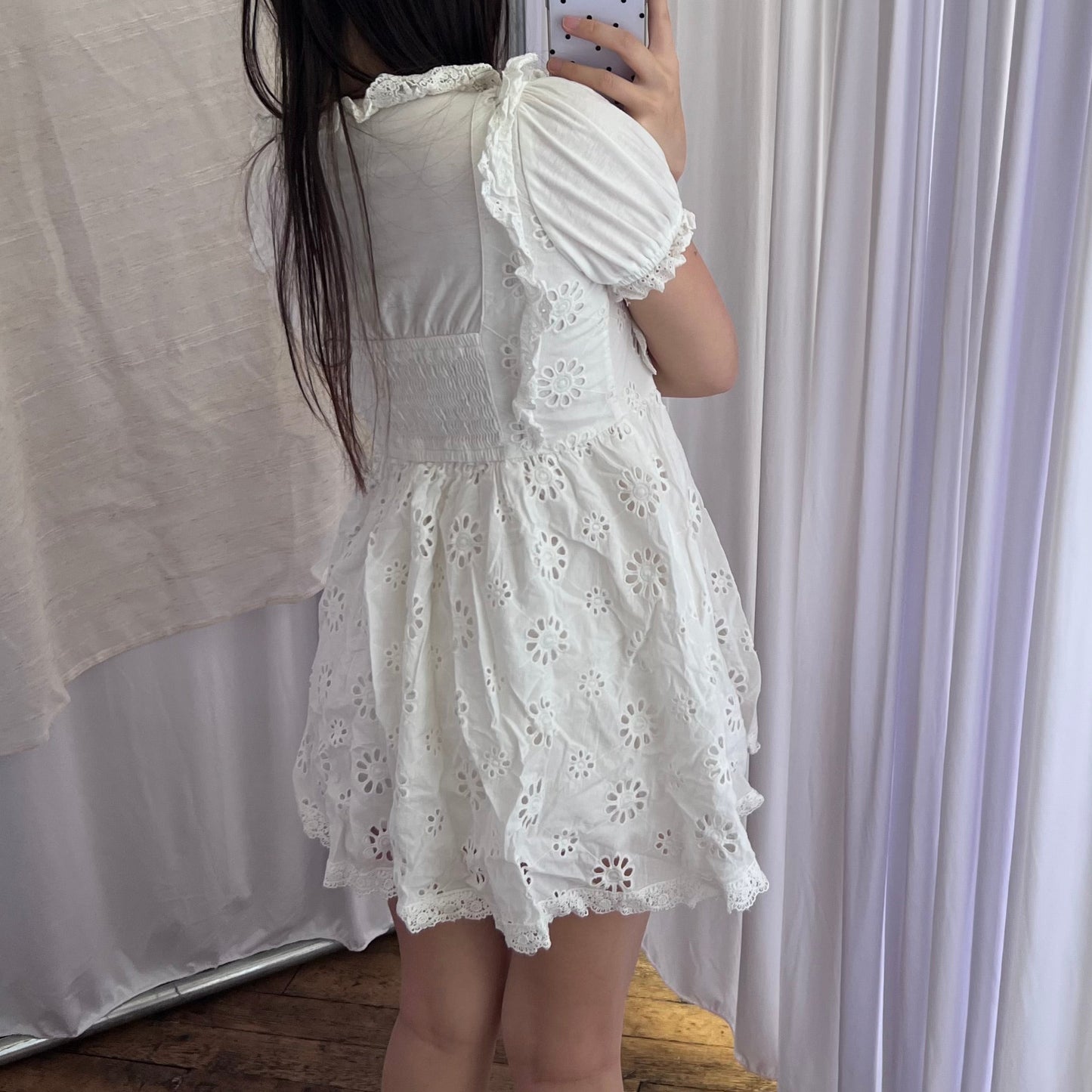 Liz Lisa Coquette Cottage White Puff Sleeve Broderie Anglaise Cinched Waist Babydoll Ruffle Blouson