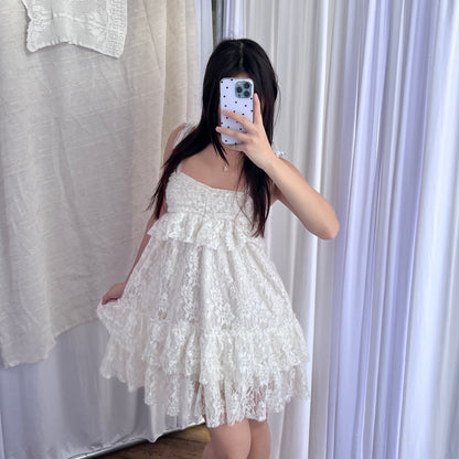 Coquette White Cream Miss Pumpkin Lacey Ruched Bust Puff Hem Mini Dress