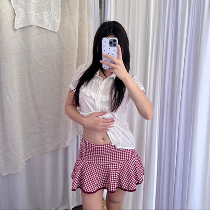 Coquette Red Gingham Print Flared Ruffle Mini Skirt