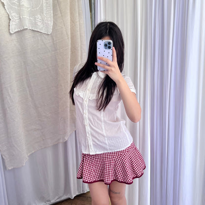 Coquette Red Gingham Print Flared Ruffle Mini Skirt