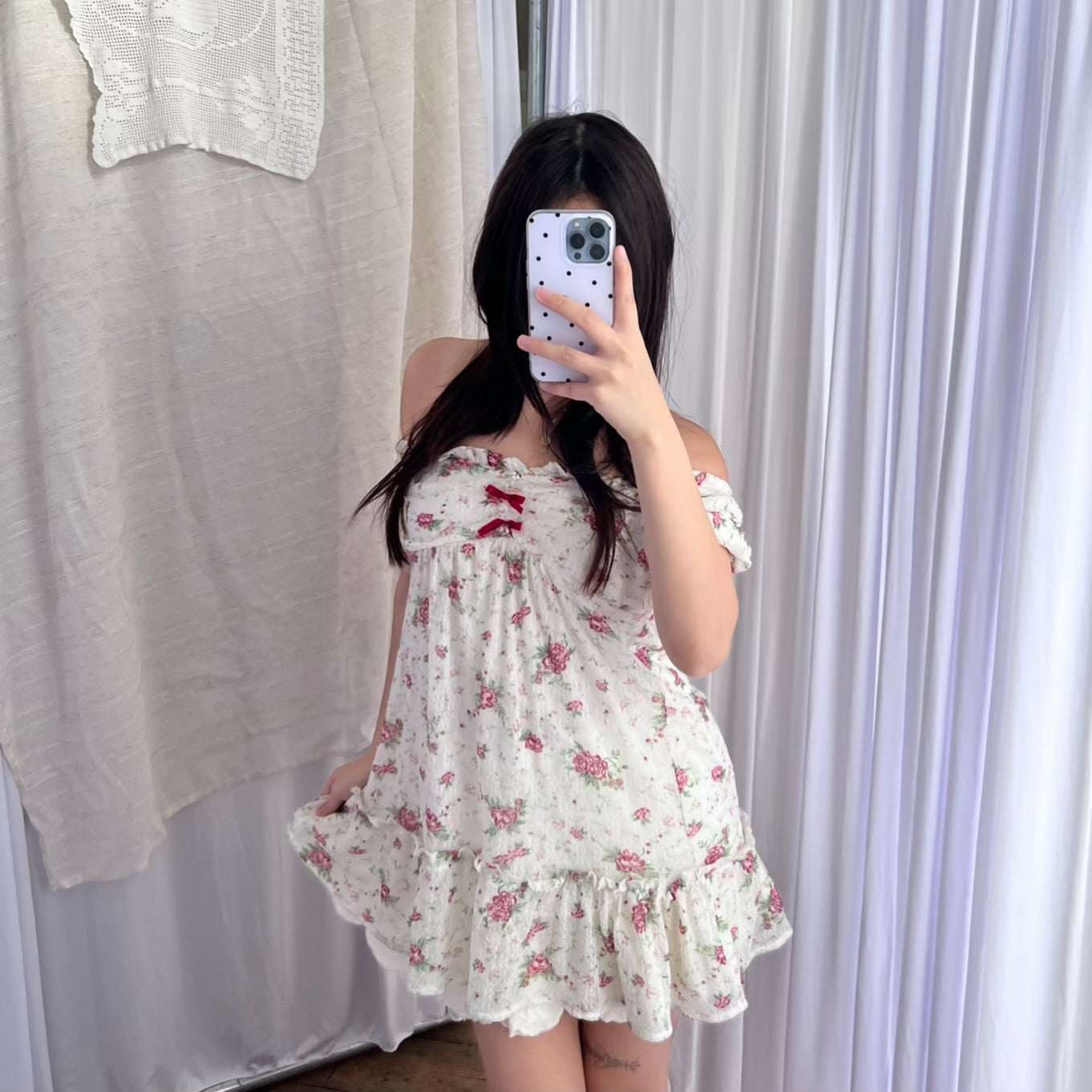 Coquette Floral White Ruched Glacier Cottage Puff Sleeve Babydoll Tunic Blouse