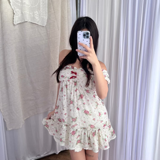 Coquette Floral White Ruched Glacier Cottage Puff Sleeve Babydoll Tunic Blouse