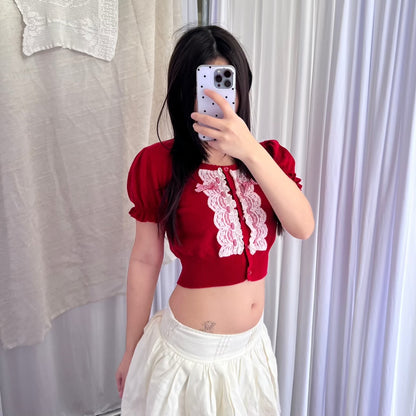Coquette RF Red Puff Sleeve White Lace Gingham Bow Crop Cardigan