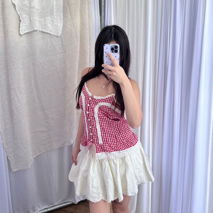 Vintage Coquette Red White Lace Trim Gingham Button Camisole