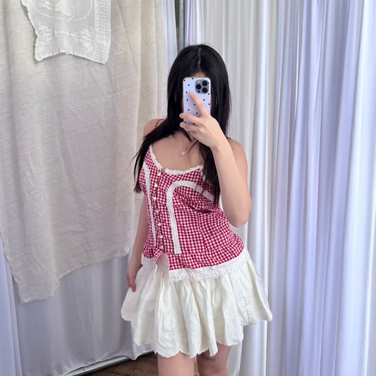 Vintage Coquette Red White Lace Trim Gingham Button Camisole