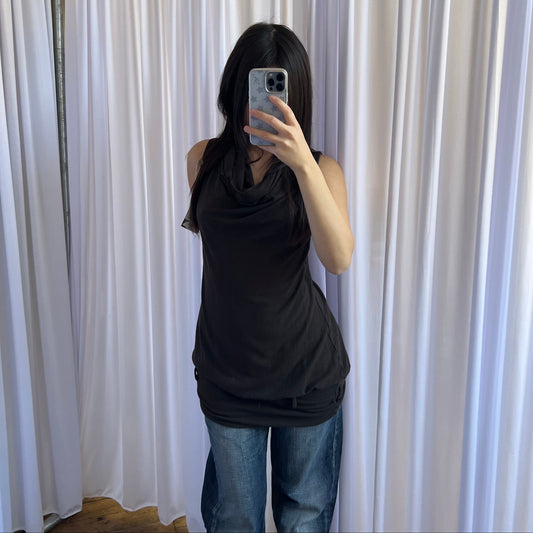 Miss Sixty Brown Draped High Neck Sleeveless Bubble Hem Tunic Top