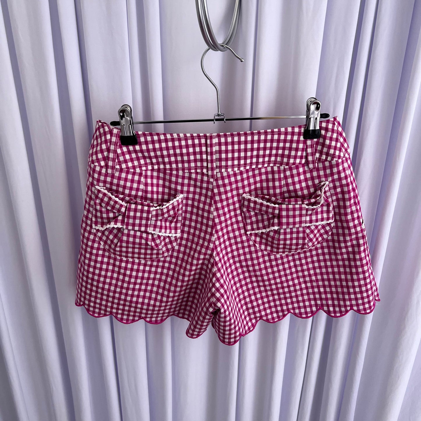 RF Coquette Cottage Fuschia Pink White Bow Gingham Scallop Lace High Waisted Shorts