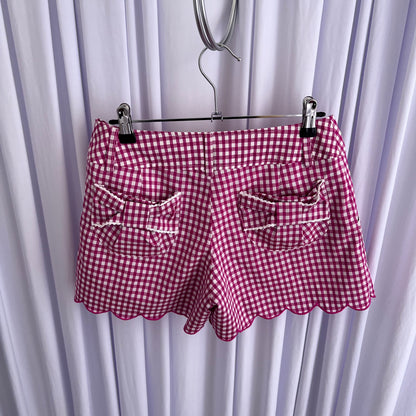 RF Coquette Cottage Fuschia Pink White Bow Gingham Scallop Lace High Waisted Shorts