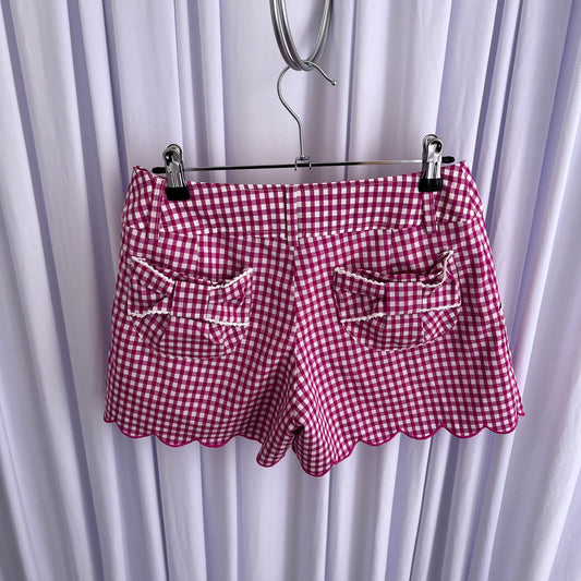 RF Coquette Cottage Fuschia Pink White Bow Gingham Scallop Lace High Waisted Shorts