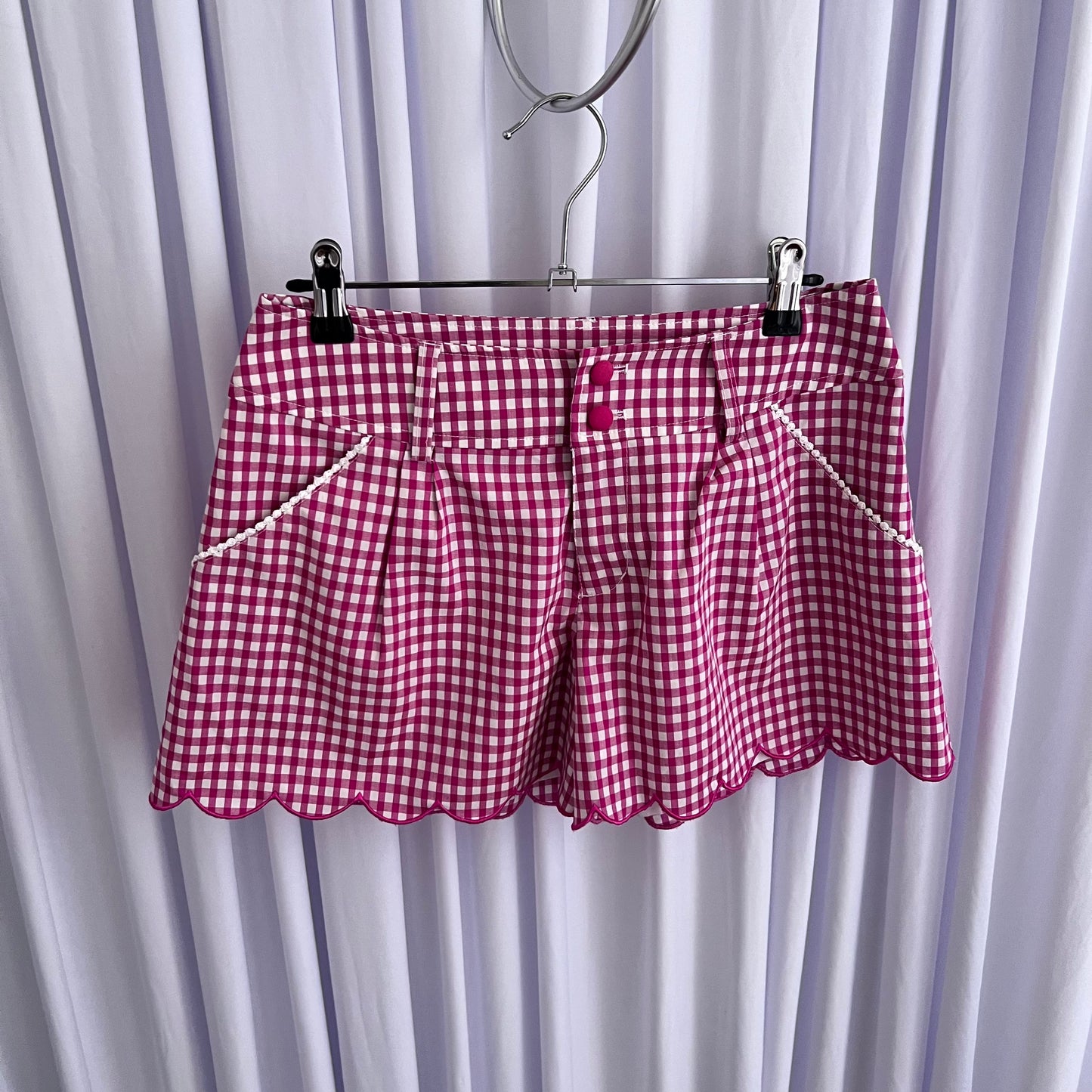 RF Coquette Cottage Fuschia Pink White Bow Gingham Scallop Lace High Waisted Shorts