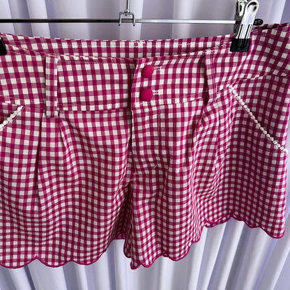 RF Coquette Cottage Fuschia Pink White Bow Gingham Scallop Lace High Waisted Shorts