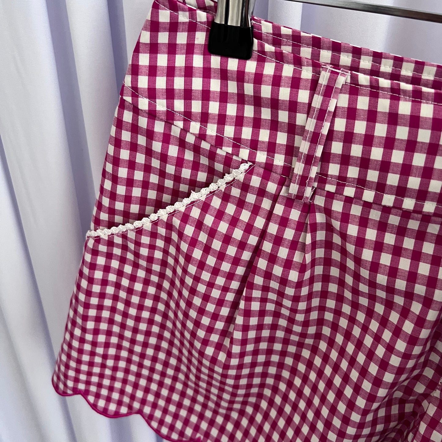 RF Coquette Cottage Fuschia Pink White Bow Gingham Scallop Lace High Waisted Shorts