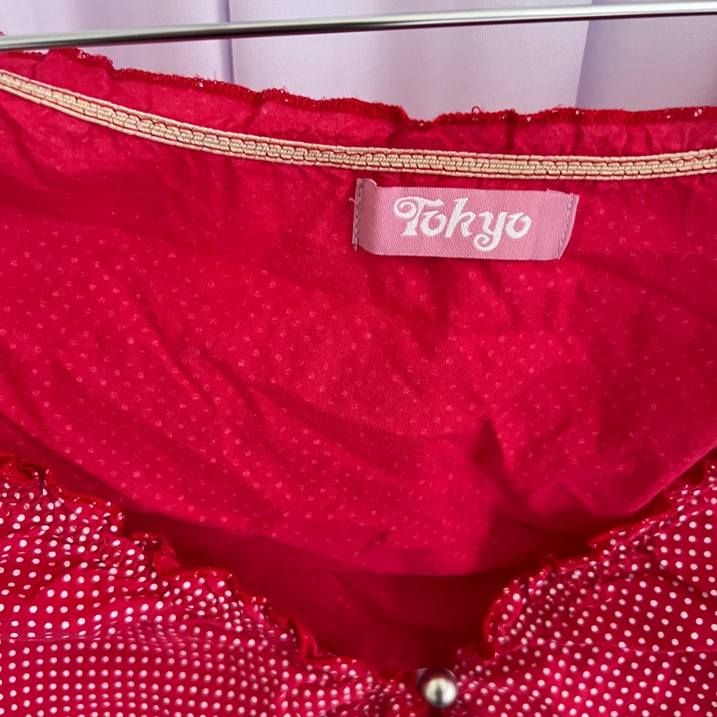 Coquette Vintage Red Tokyo Polka Dot French Cap Sleeve Round Button Ruched Blouse
