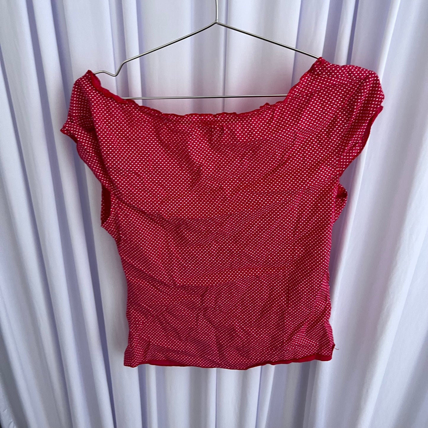 Coquette Vintage Red Tokyo Polka Dot French Cap Sleeve Round Button Ruched Blouse