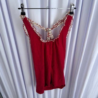 Coquette Floral Print Ruffle Red Halter Neck Top