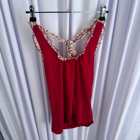 Coquette Floral Print Ruffle Red Halter Neck Top