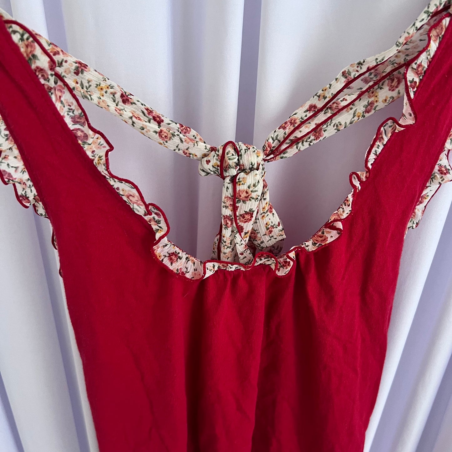 Coquette Floral Print Ruffle Red Halter Neck Top