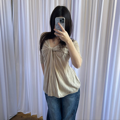 DKNY Beige Brown Cotton Linen Blend Wrap Balloon Hem Knit Tunic