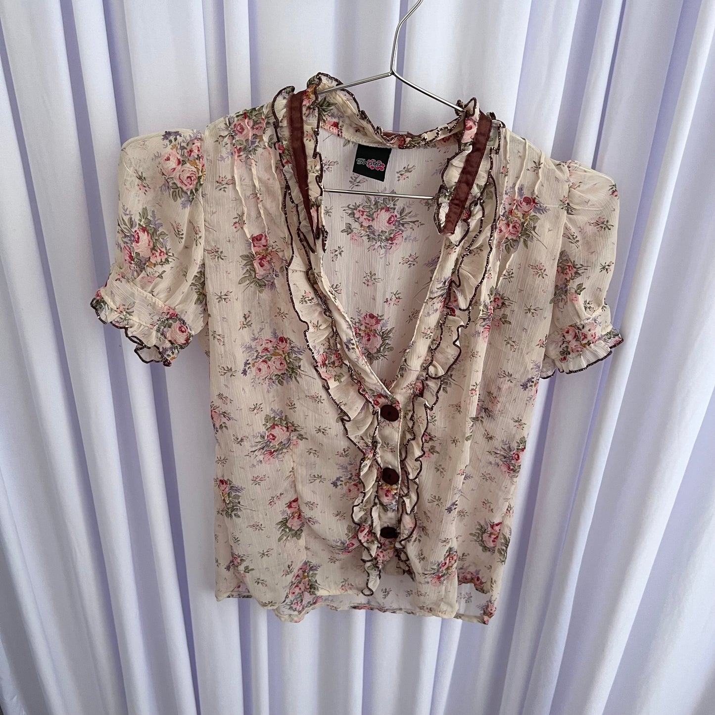 Coquette Cottage Beige English Garden Frilly Puff Sleeve Floral Print Sheer Blouse