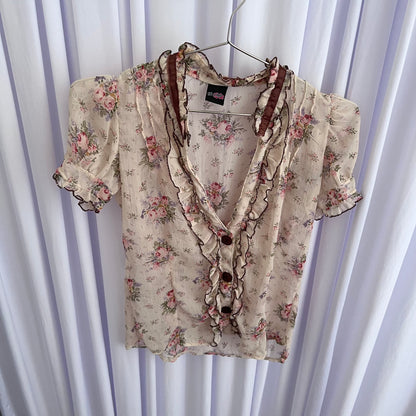 Coquette Cottage Beige English Garden Frilly Puff Sleeve Floral Print Sheer Blouse