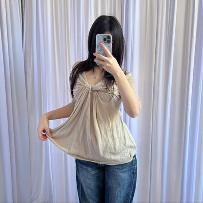 DKNY Beige Brown Cotton Linen Blend Wrap Balloon Hem Knit Tunic