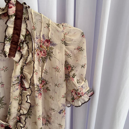 Coquette Cottage Beige English Garden Frilly Puff Sleeve Floral Print Sheer Blouse