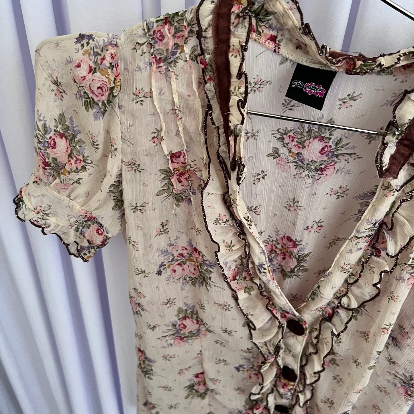Coquette Cottage Beige English Garden Frilly Puff Sleeve Floral Print Sheer Blouse