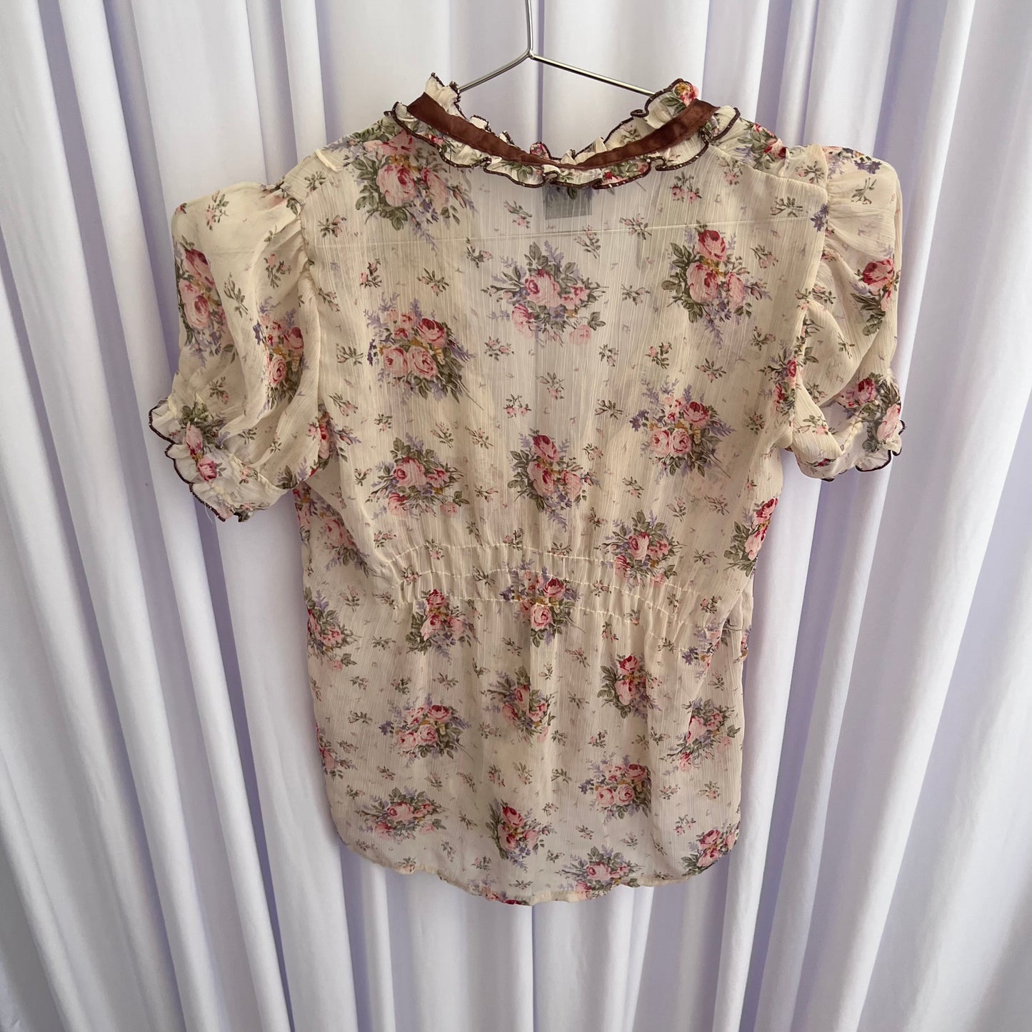 Coquette Cottage Beige English Garden Frilly Puff Sleeve Floral Print Sheer Blouse