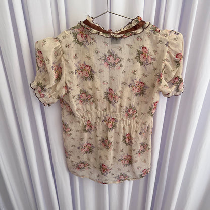 Coquette Cottage Beige English Garden Frilly Puff Sleeve Floral Print Sheer Blouse