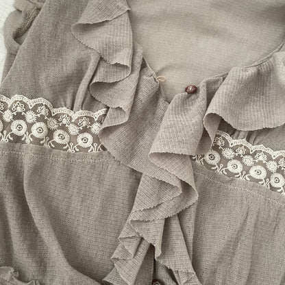 kookai greige ruffle vest blouse with embroidery lace and adjustable hem ribbon