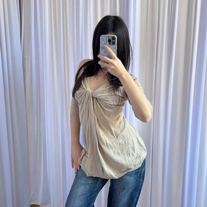 DKNY Beige Brown Cotton Linen Blend Wrap Balloon Hem Knit Tunic