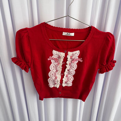 Coquette RF Red Puff Sleeve White Lace Gingham Bow Crop Cardigan