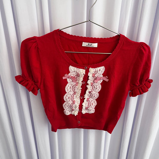 Coquette RF Red Puff Sleeve White Lace Gingham Bow Crop Cardigan
