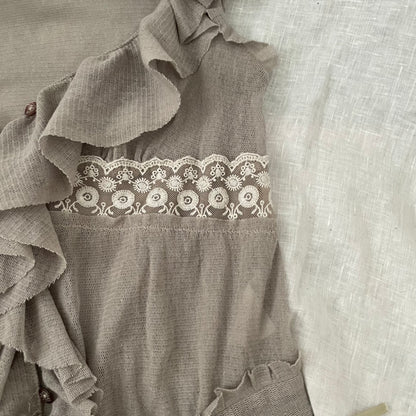 kookai greige ruffle vest blouse with embroidery lace and adjustable hem ribbon