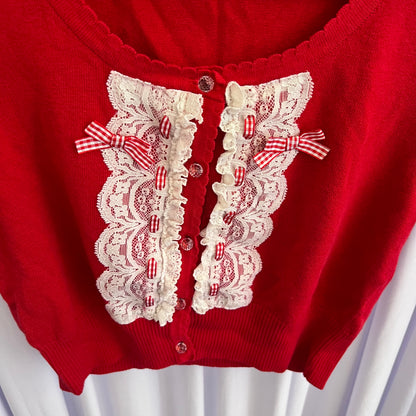 Coquette RF Red Puff Sleeve White Lace Gingham Bow Crop Cardigan