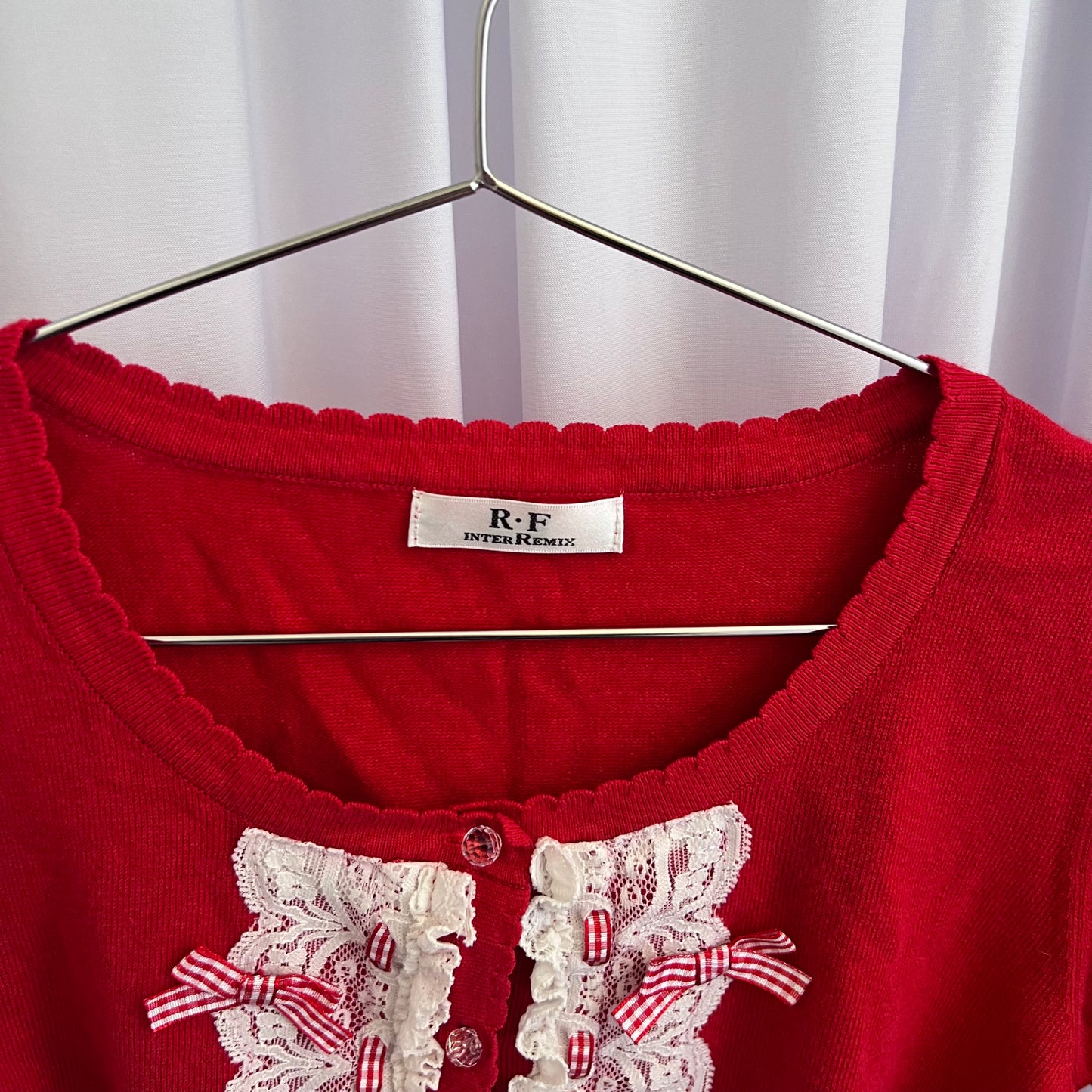Coquette RF Red Puff Sleeve White Lace Gingham Bow Crop Cardigan