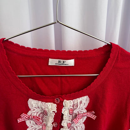 Coquette RF Red Puff Sleeve White Lace Gingham Bow Crop Cardigan