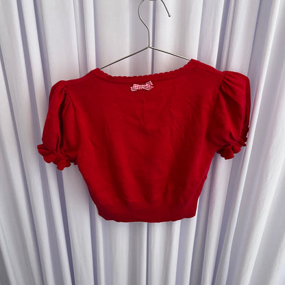 Coquette RF Red Puff Sleeve White Lace Gingham Bow Crop Cardigan