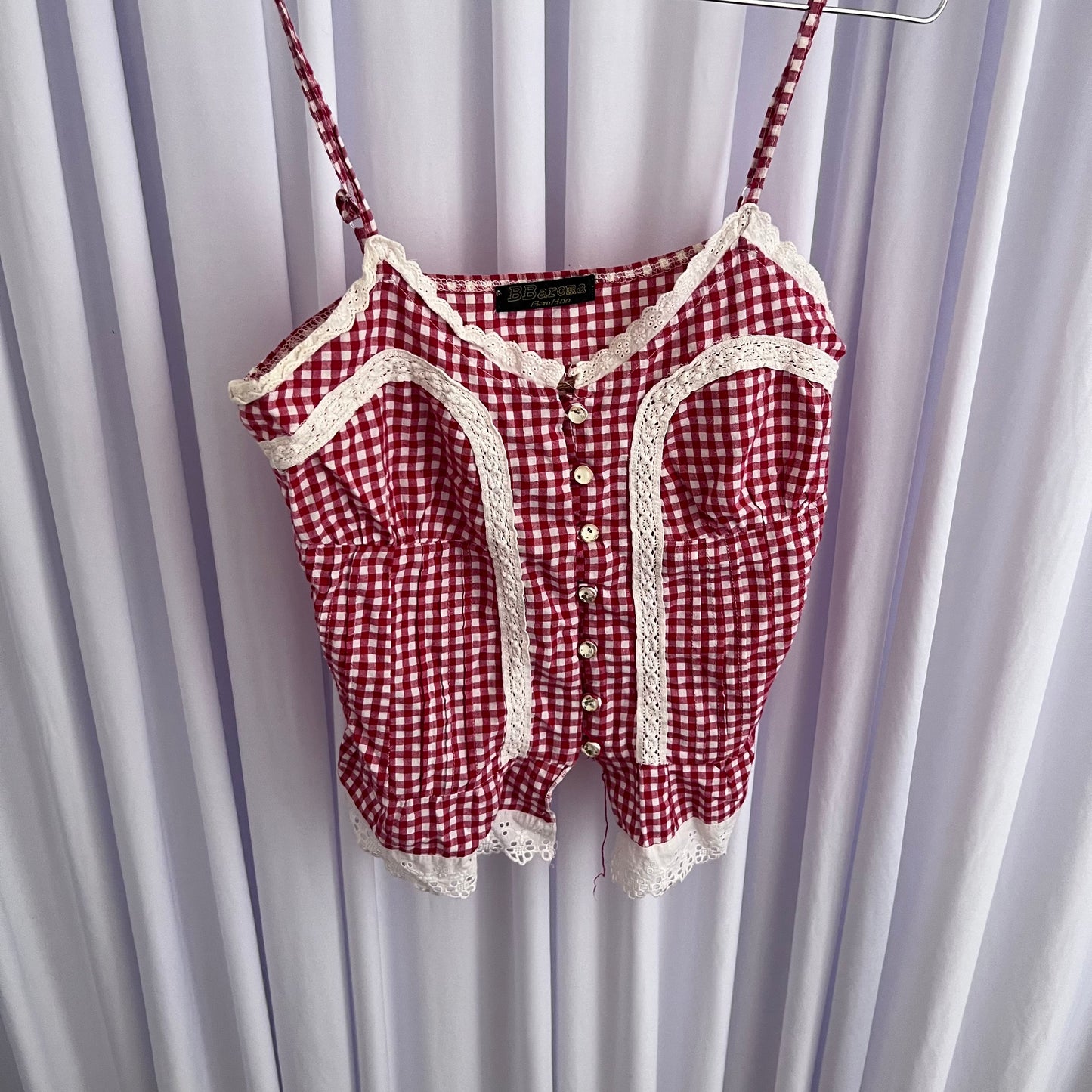Vintage Coquette Red White Lace Trim Gingham Button Camisole