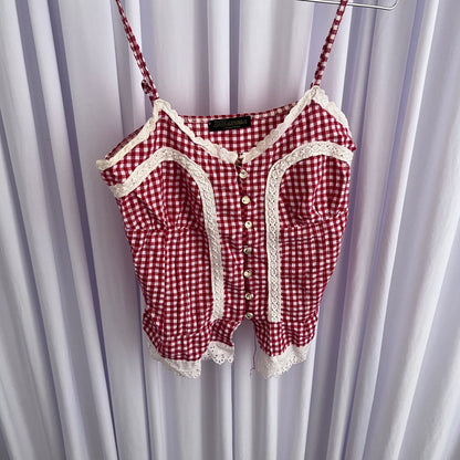 Vintage Coquette Red White Lace Trim Gingham Button Camisole