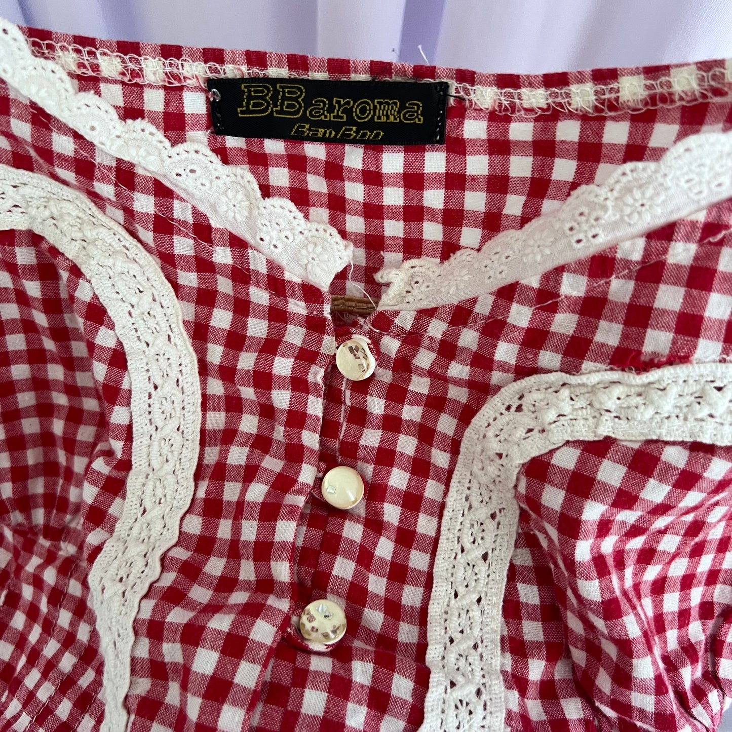 Vintage Coquette Red White Lace Trim Gingham Button Camisole