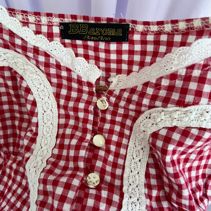 Vintage Coquette Red White Lace Trim Gingham Button Camisole
