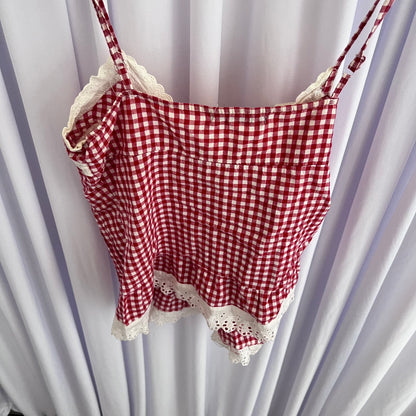 Vintage Coquette Red White Lace Trim Gingham Button Camisole