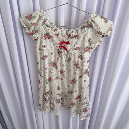 Coquette Floral White Ruched Glacier Cottage Puff Sleeve Babydoll Tunic Blouse