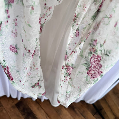 Coquette Floral White Ruched Glacier Cottage Puff Sleeve Babydoll Tunic Blouse
